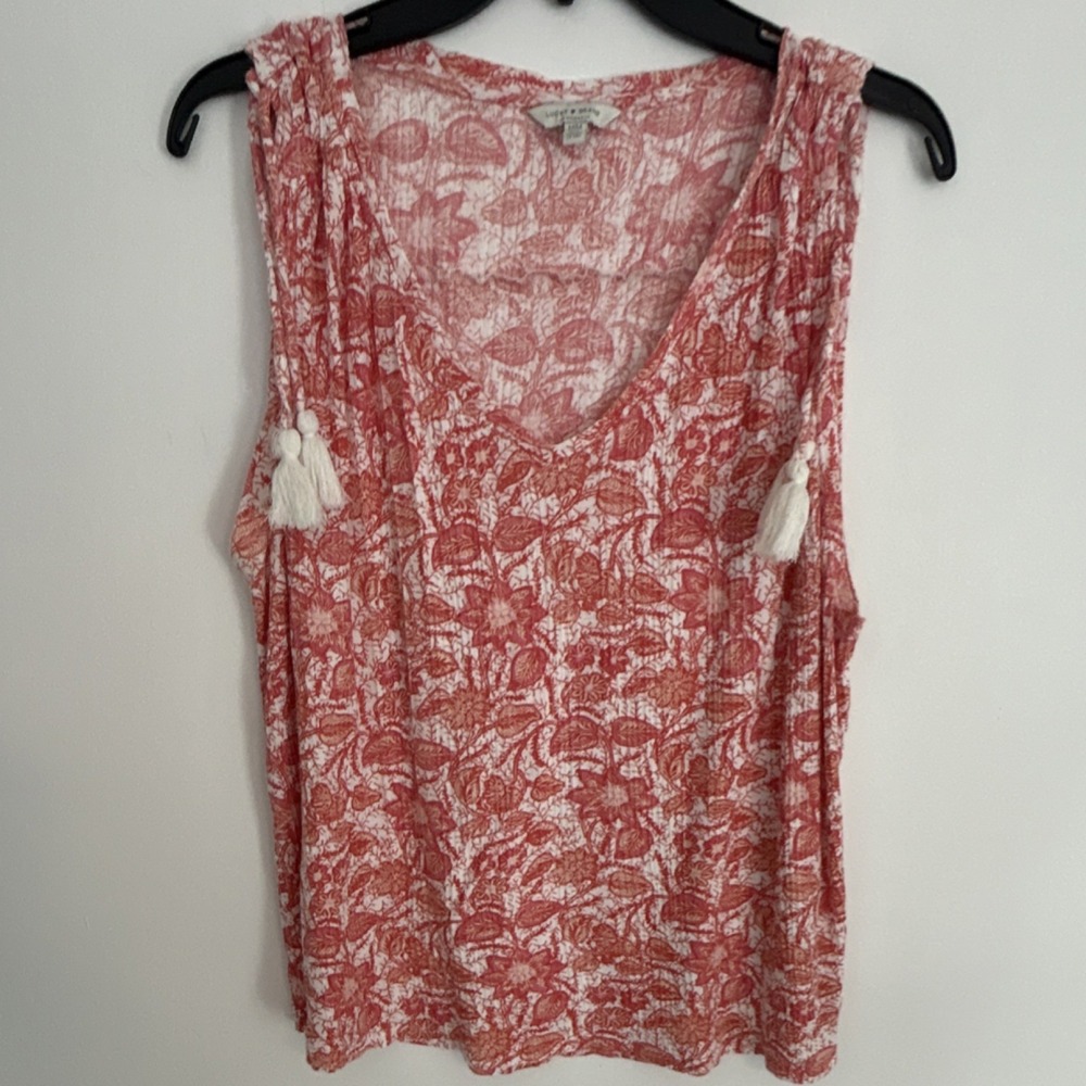 Lucky Brand Women's Red White Floral Knit V-Neck Sleeveless Tassel Top M